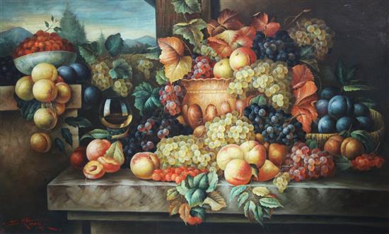 17th Century Dutch Style Still life of fruit on a stone ledge, 26 x 44in.